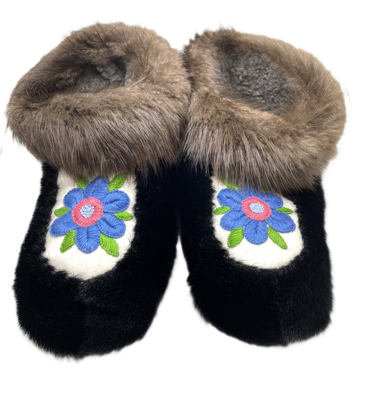Black Sealskin/Beaver Trim Slippers
