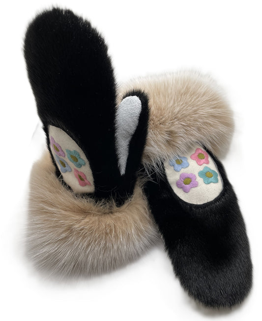Black Sealskin Mittens with Tan Fox Trim