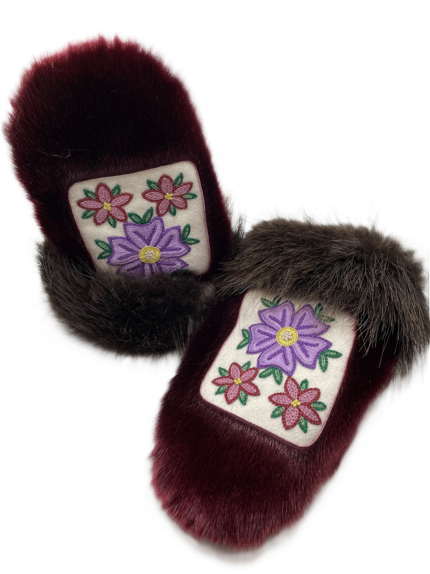Burgundy Sealskin Mittens with Beaver Trim