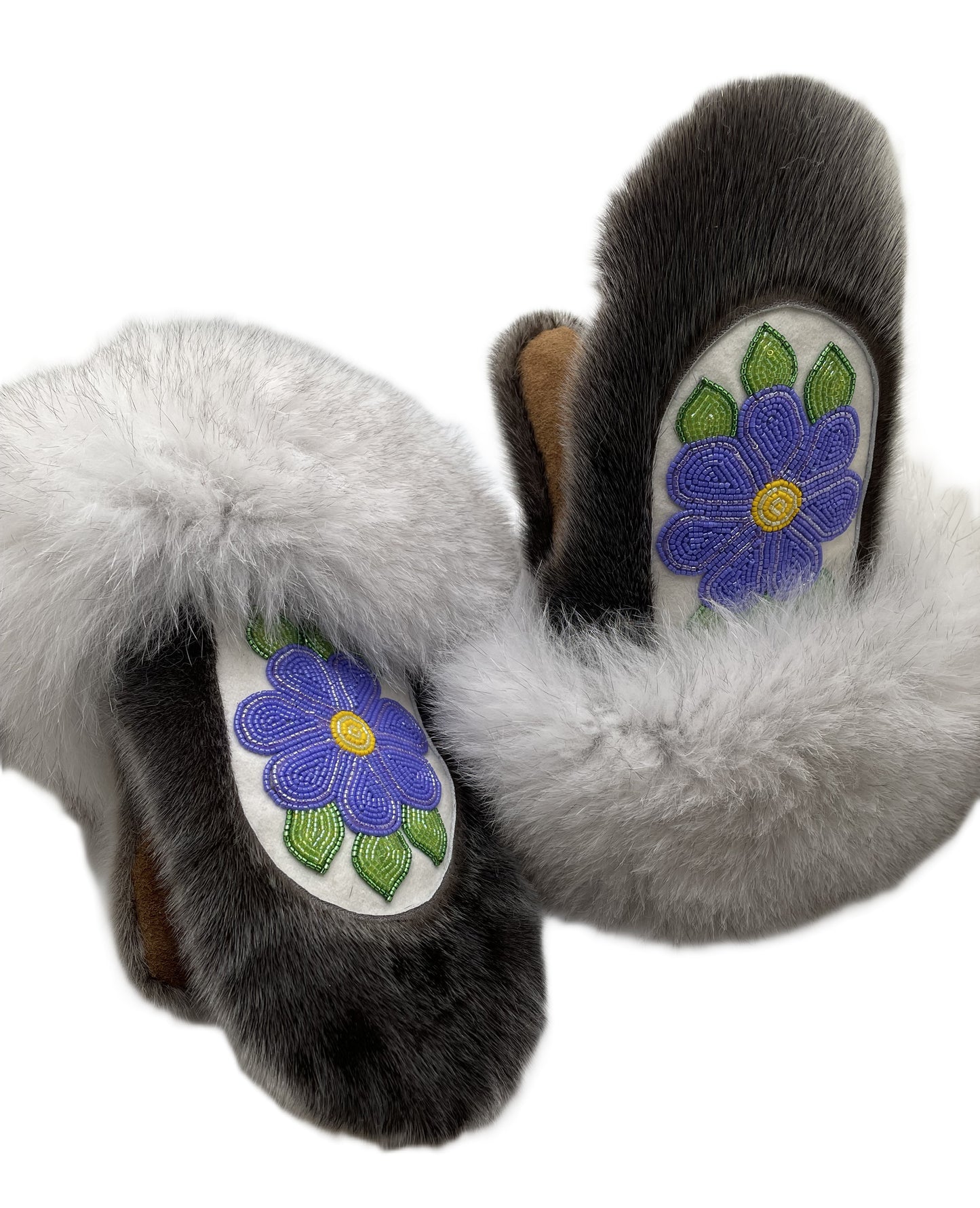 Grey Sealskin Mittens with White Fox Trim
