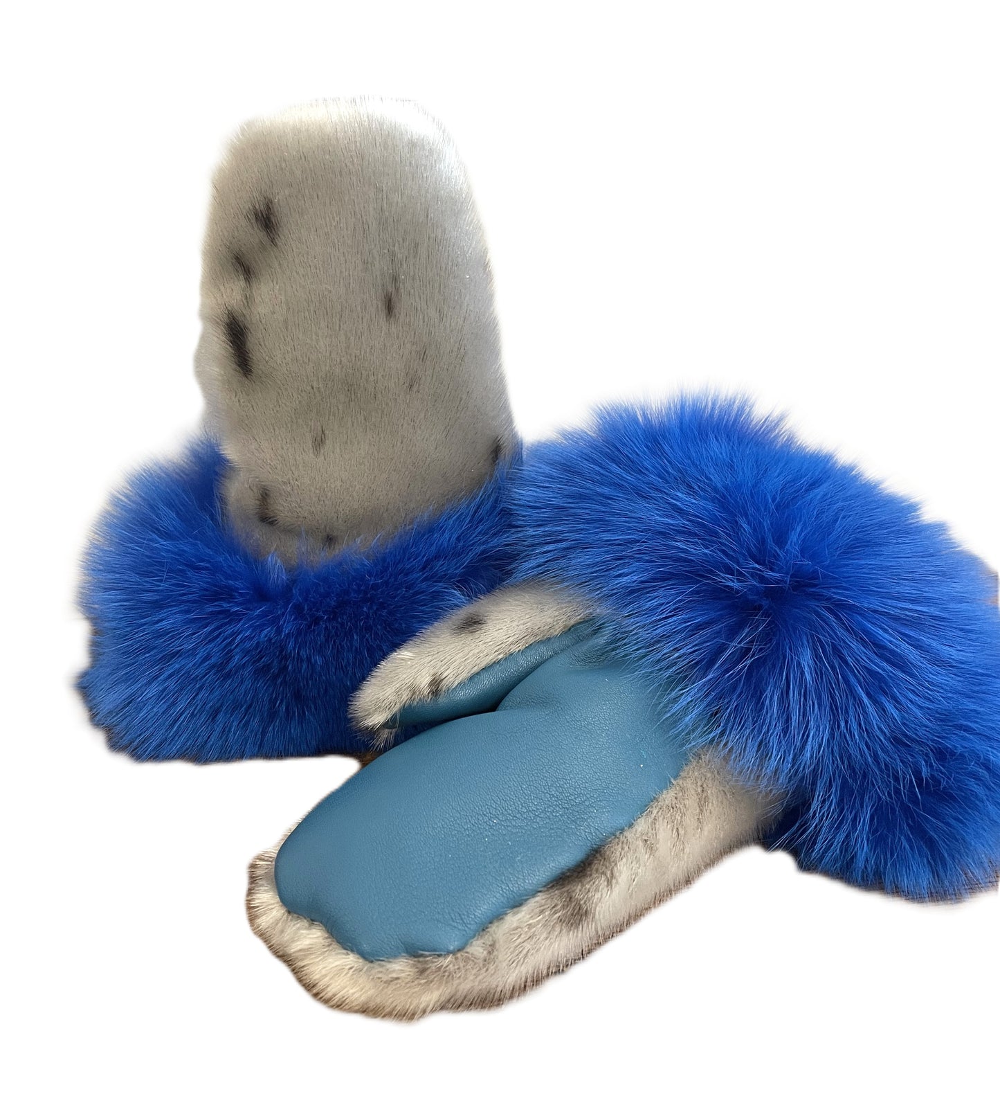SEALSKIN MITTENS WITH BLUE FOX TRIM