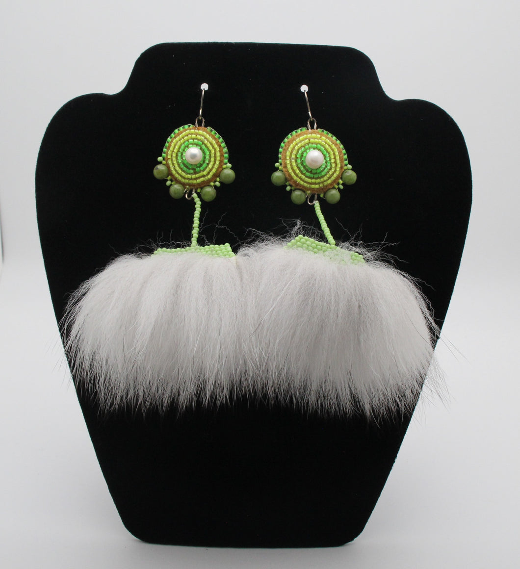 Green Beaded Earrings with Blue Fox Fur