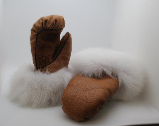 Women's Tan Leather Mitts/White Fox Trim