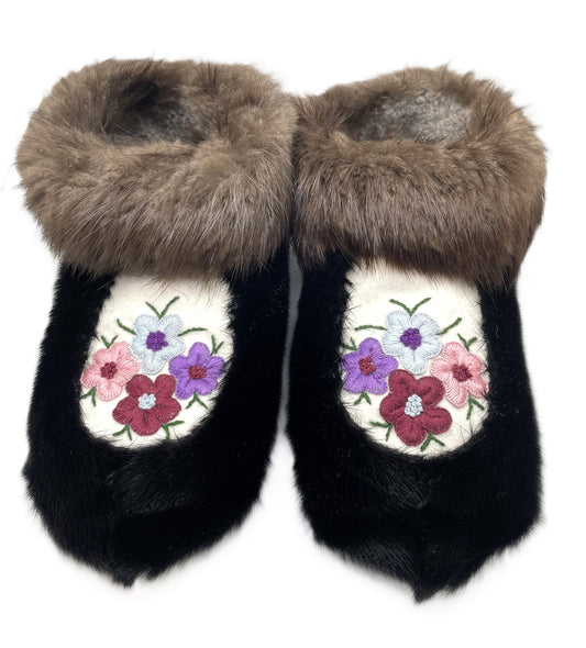Black Sealskin Slippers/Beaver Trim and Pink Embroidery