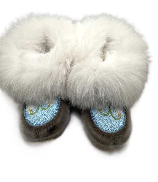 SEALSKIN SLIPPERS WITH WHITE FOX TRIM