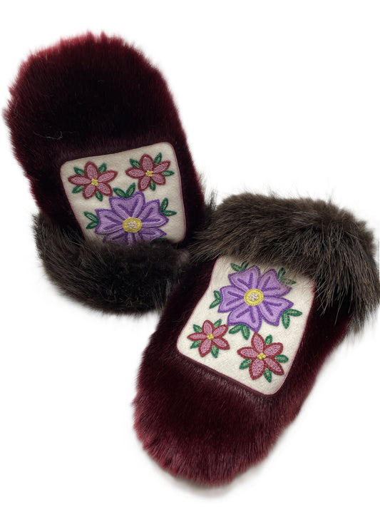 Burgundy Sealskin Mittens with Beaver Trim