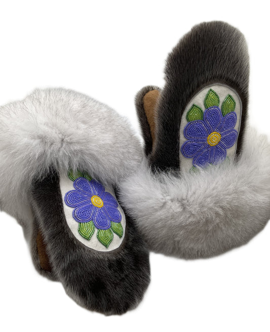 Grey Sealskin Mittens with White Fox Trim