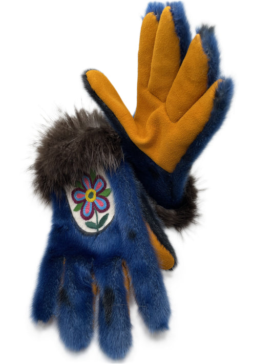 Blue Sealskin Gloves with Beaver Trim