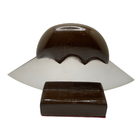 ULU CARVING TOOL ON STAND - DARK BROWN WOOD HANDLE