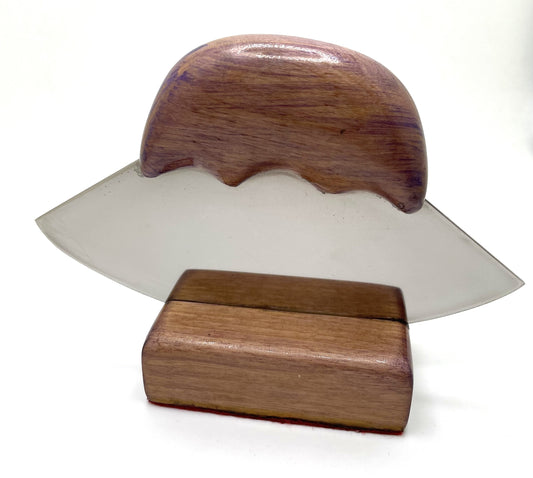 ULU CARVING TOOL ON STAND - LIGHT BROWN WOOD HANDLE