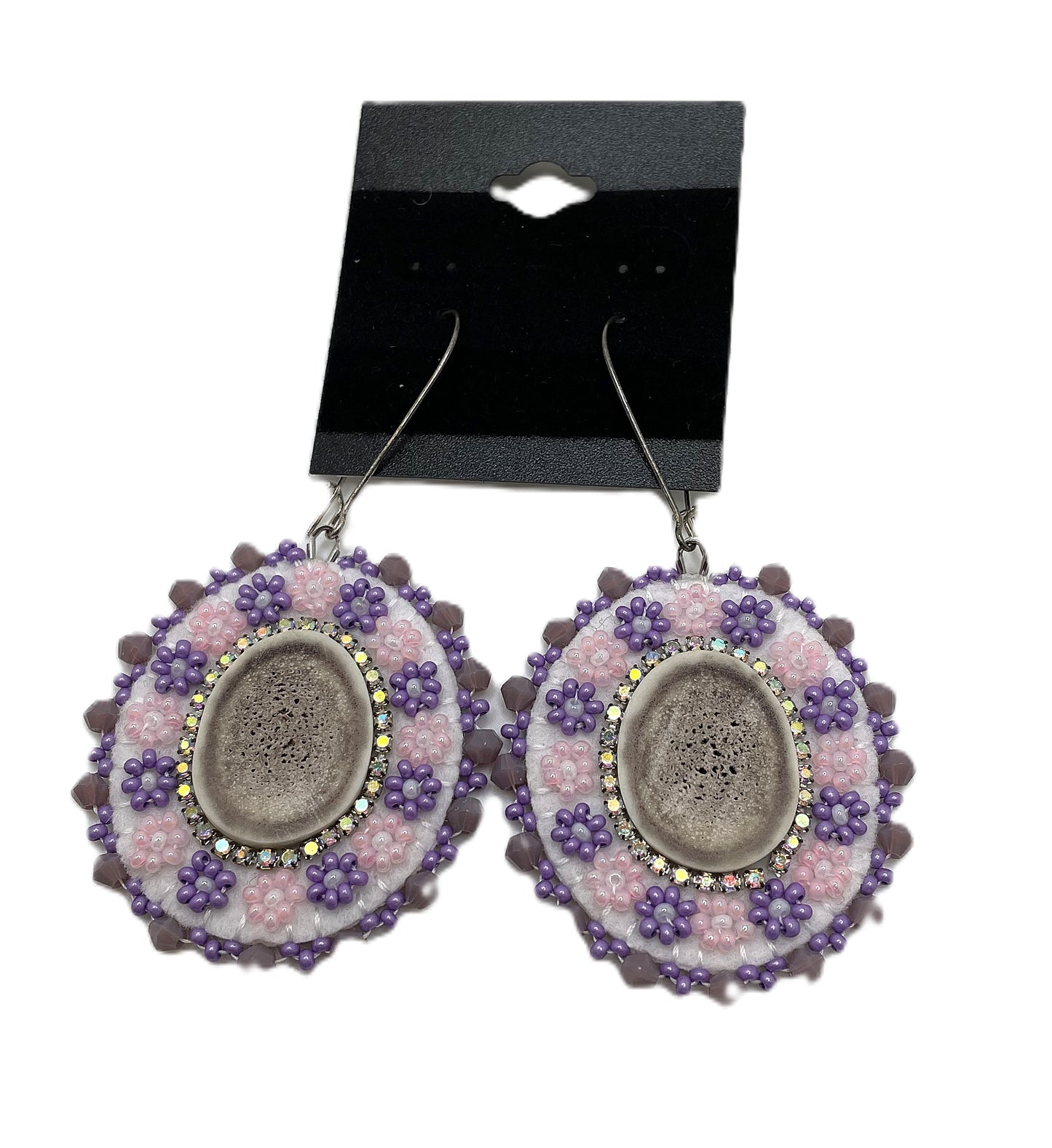 HAND BEADED OVAL ANTLER BONE EARRINGS