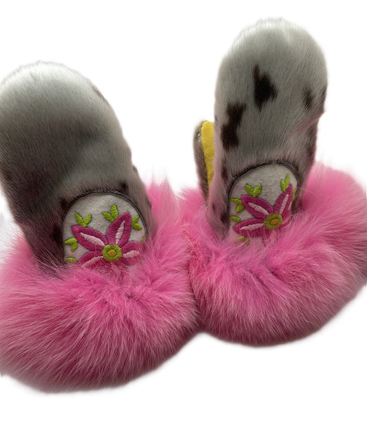 Sealskin Mittens with Pink Fox Trim