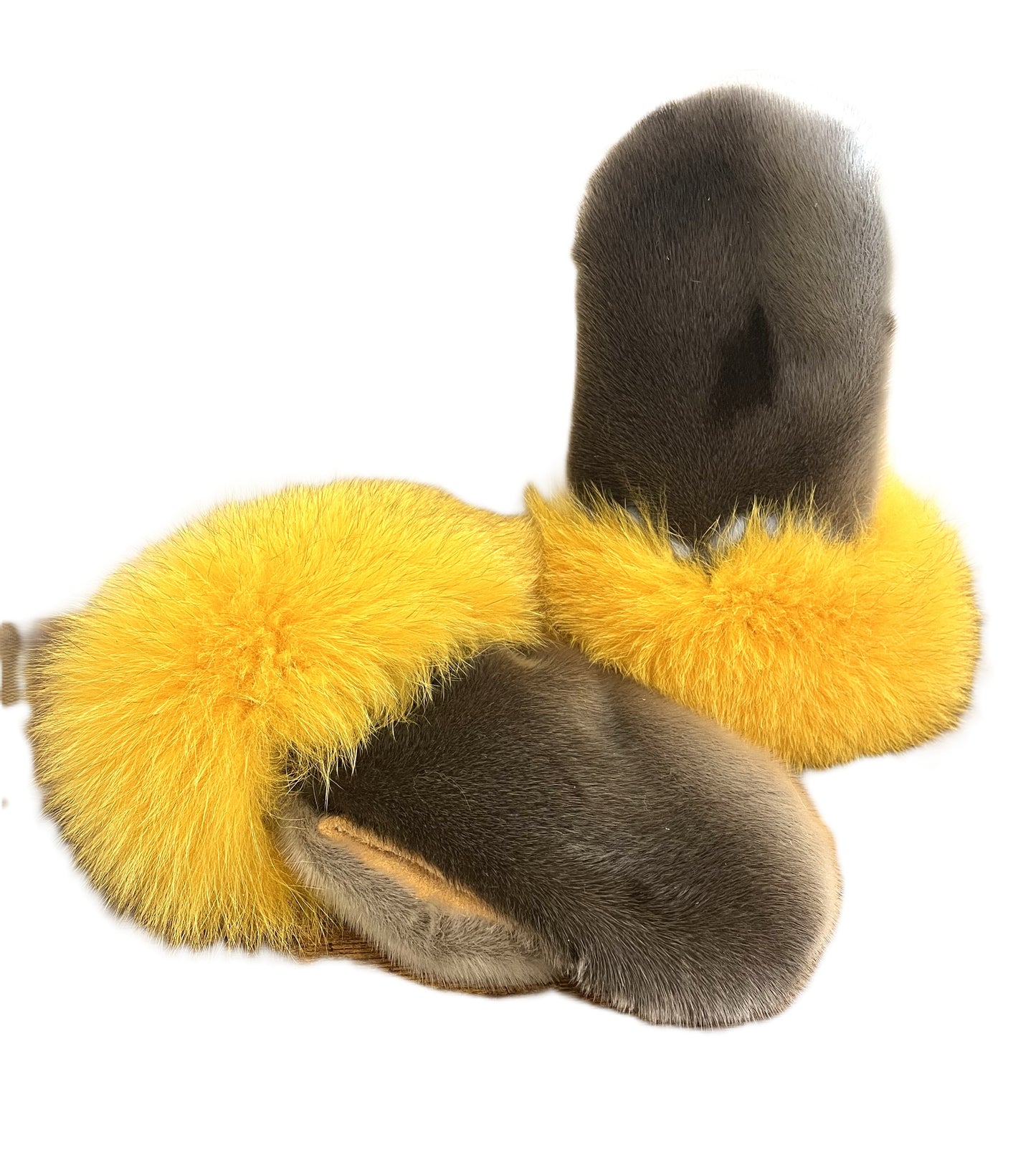 SEALSKIN MITTS WITH YELLOW FOX TRIM